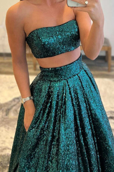 Shiny Green Sequins Two Pieces Long Prom Dresses, 2 Pieces Green Formal Graduation Evening Dresses EP1728
