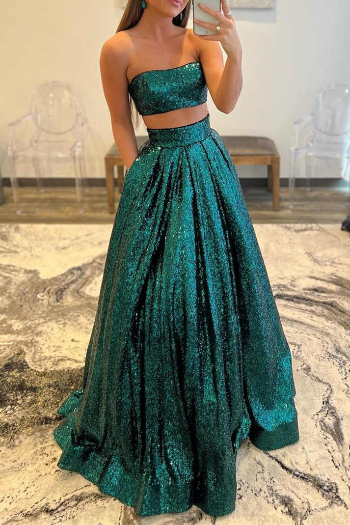 Shiny Green Sequins Two Pieces Long Prom Dresses, 2 Pieces Green Forma – Eip Collection