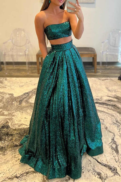 Shiny Green Sequins Two Pieces Long Prom Dresses, 2 Pieces Green Formal Graduation Evening Dresses EP1728