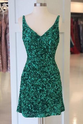 Shiny Green Sequins V Neck Short Prom Dresses, V Neck Green Homecoming Dresses, Green Formal Evening Dresses EP1384