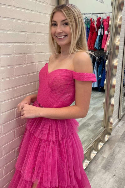 Shiny Hot Pink Tulle Off Shoulder Layered Long Prom Dresses with High Slit, Hot Pink Tulle Formal Graduation Evening Dresses EP1805