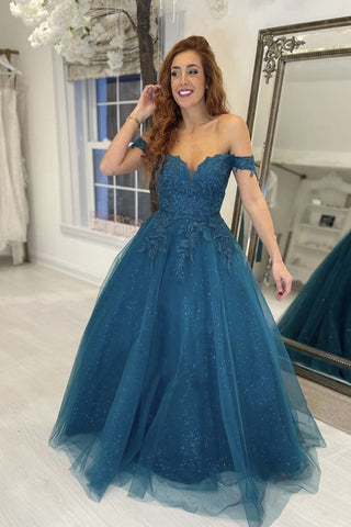 Shiny Off Shoulder Blue Lace Long Prom Dress Off the Shoulder Blue Formal Dress Blue Lace Evening Dress