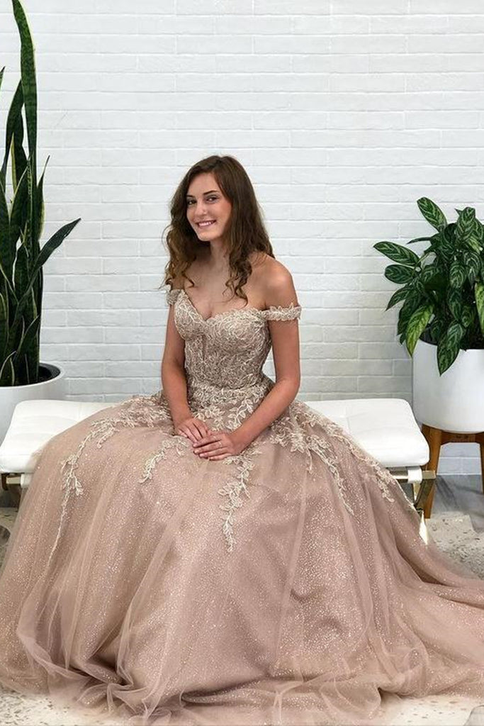 Shiny Off Shoulder Champagne Lace Long Prom Dresses, Champagne Lace Fo Eip Collection Shiny Off Shoulder Champagne Lace Long Prom Dresses, Champagne Lace Fo Eip Collection