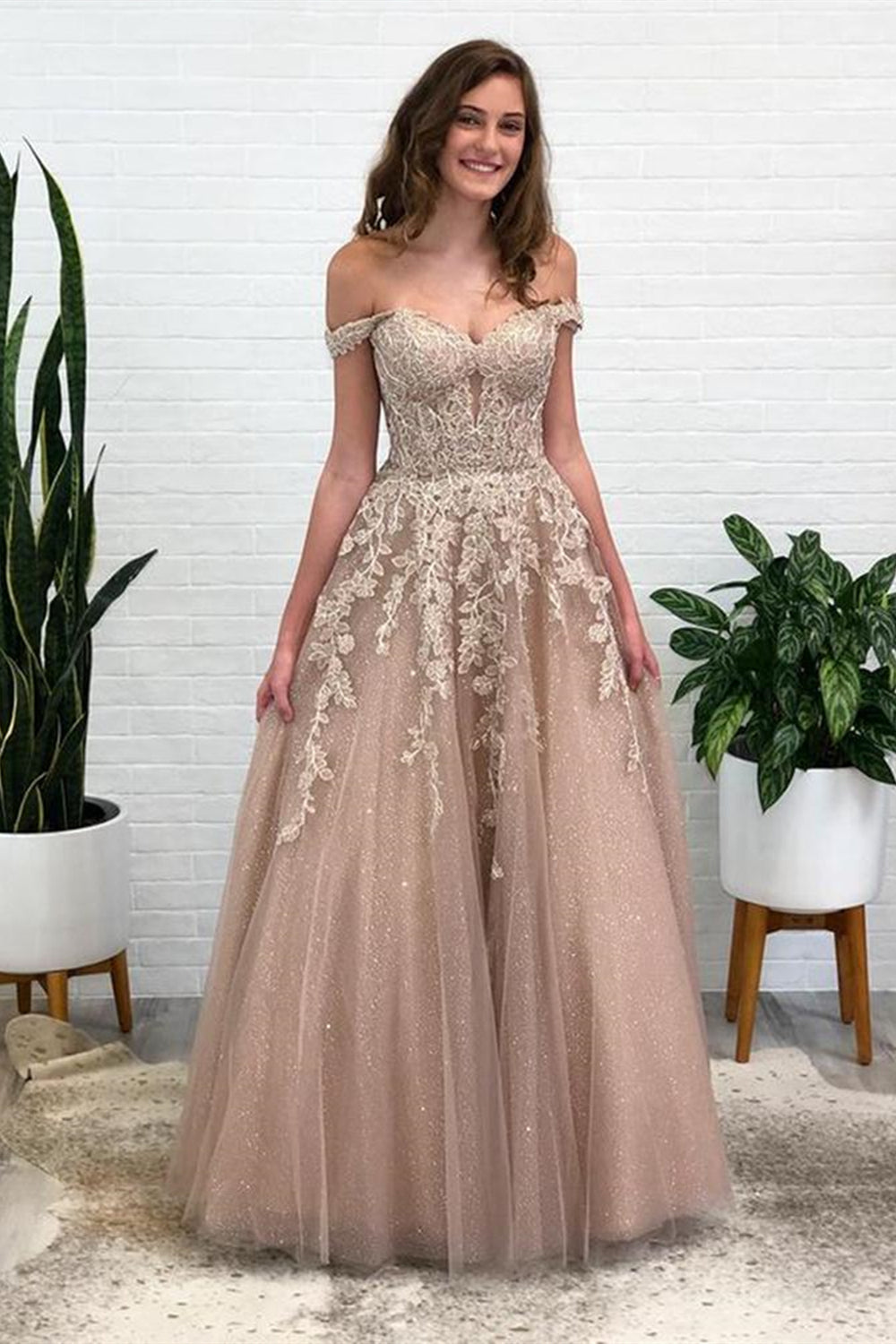 Shiny Off Shoulder Champagne Lace Long Prom Dresses, Champagne Lace Fo Eip Collection Shiny Off Shoulder Champagne Lace Long Prom Dresses, Champagne Lace Fo Eip Collection