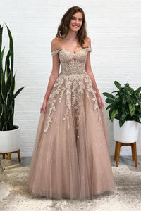 Shiny Off Shoulder Champagne Lace Long Prom Dresses, Champagne Lace Formal Dresses, Champagne Evening Dresses EP1590