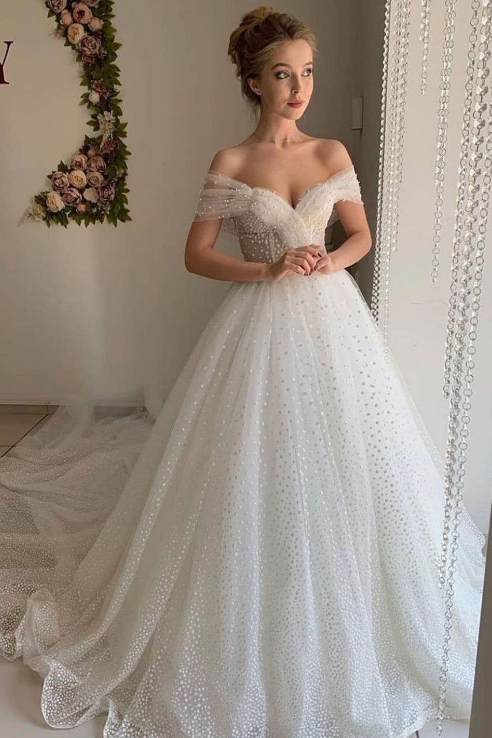 Shiny Off Shoulder Ivory Long Prom Dresses with Train, Off the Shoulder Ivory Wedding Dresses, Ivory Formal Evening Dresses