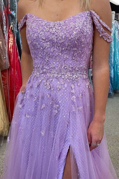 Shiny Off Shoulder Purple Lace Tulle Long Prom Dresses, Purple Lace Formal Graduation Evening Dresses EP1847