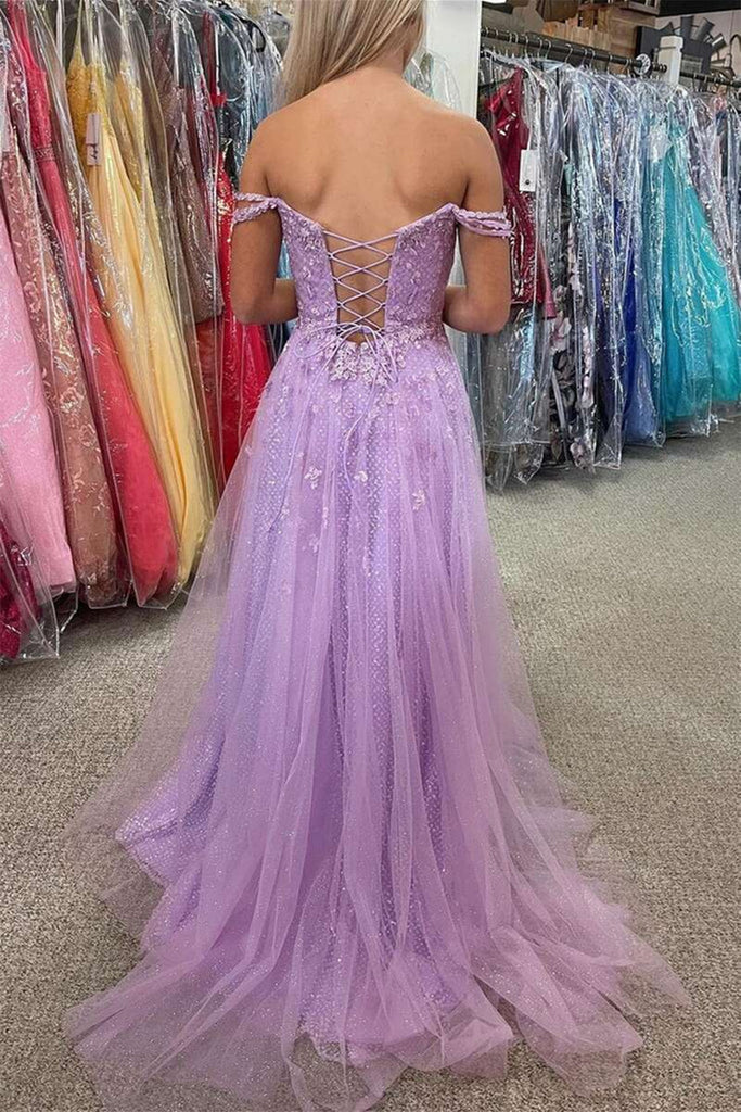 graduation dresses purple Lavender Applique Tulle Long Prom Dresses, Purple Lace Graduation Dres jbydress
