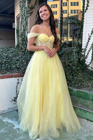 Shiny Off Shoulder Yellow/Purple Tulle Long Prom Dresses, Long Yellow/Purple Formal Graduation Evening Dresses