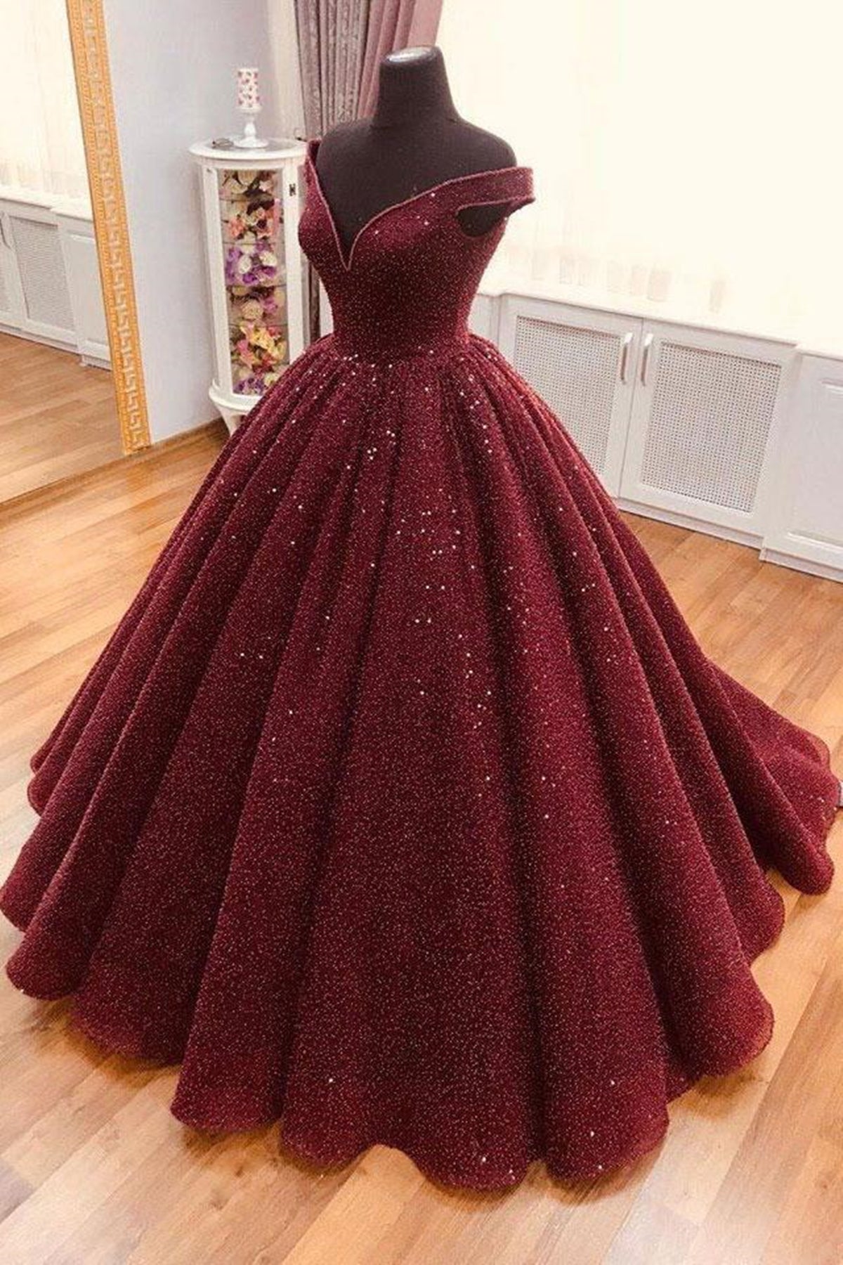Dark red off deals the shoulder prom dress