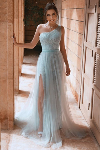 Shiny One Shoulder Blue Long Prom Dresses, One Shoulder Blue Formal Dresses, Sparkly Blue Evening Dresses EP1625