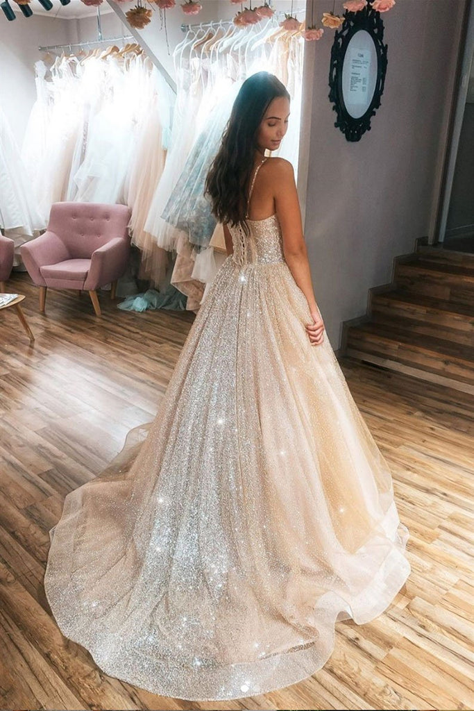Shiny Open Back Champagne Long Prom Dresses, Open Back Champagne Forma Eip Collection Shiny Open Back Champagne Long Prom Dresses, Open Back Champagne Forma Eip Collection