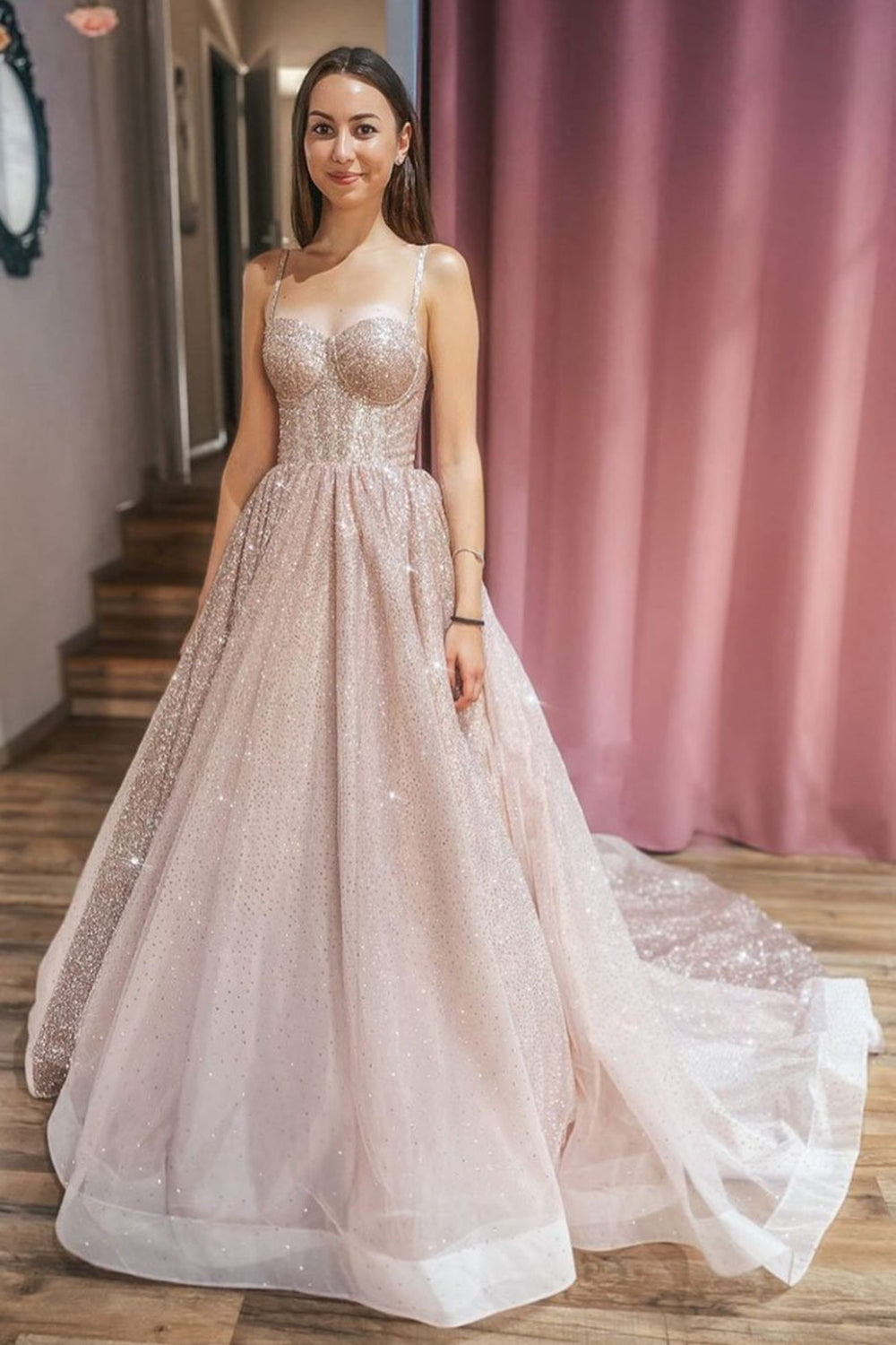 Shiny Open Back Champagne Long Prom Dresses, Open Back Champagne Formal Evening Dresses, Ball Gown EP1345