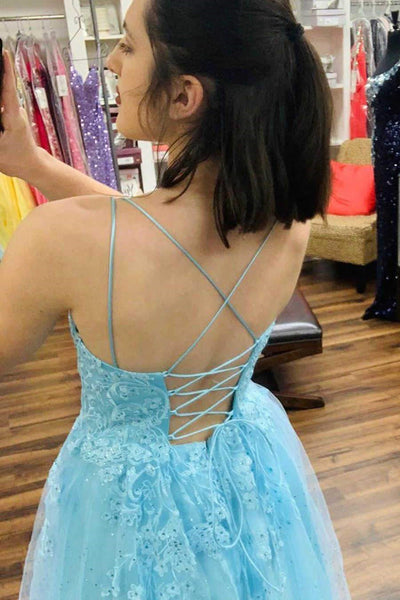 Shiny Open Back Light Blue Lace Long Prom Dresses, Light Blue Lace Formal Evening Dresses EP1439
