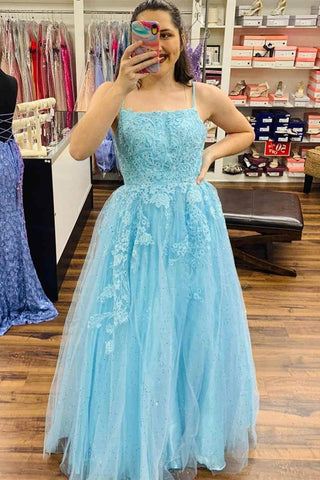 Shiny Open Back Light Blue Lace Long Prom Dresses, Light Blue Lace Formal Evening Dresses EP1439