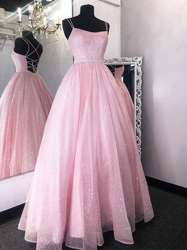 Shiny Pink Backless Long Prom Dresses, Pink Open Back Long Formal Evening Dresses