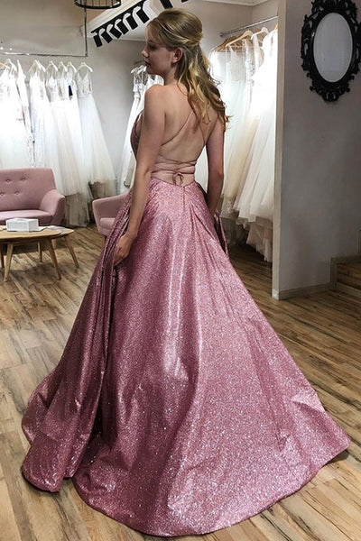 Shiny Pink Sequins Backless Long Prom Dresses, Backless Pink Formal Graduation Evening Dresses EP1679