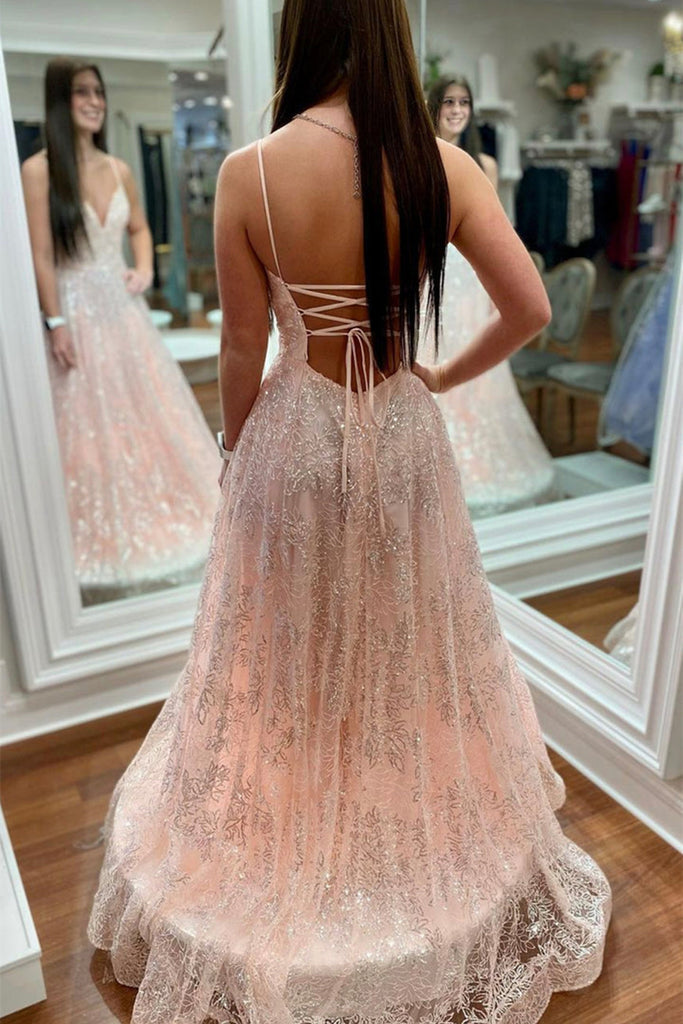 Shiny Pink Sequins Tulle V Neck Backless Long Prom Dresses, Backless P Eip Collection Shiny Pink Sequins Tulle V Neck Backless Long Prom Dresses, Backless P Eip Collection