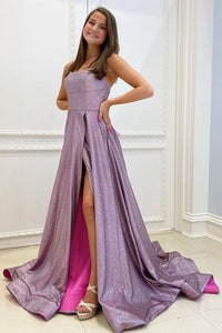 Shiny Purple Long Prom Dresses with High Slit, Long Purple Formal Evening Dresses EP1344