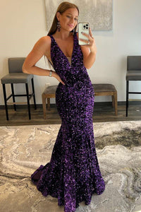 Shiny Purple Sequins V Neck Mermaid Long Prom Dresses, Mermaid Purple Formal Graduation Evening Dresses EP1858