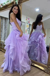 Shiny Purple Tulle Lace Long Prom Dresses, V Neck Purple Formal Dresses, Purple Lace Evening Dresses EP1723