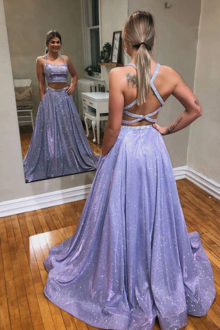 Shiny Purple Two Pieces Open Back Long Prom Dresses, 2 Pieces Purple Formal Graduation Evening Dresses EP1691