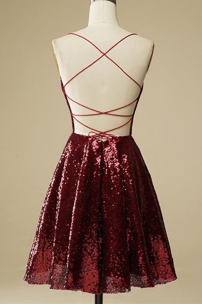 Shiny Sequins Backless Burgundy Short Prom Dresses, Backless Burgundy Homecoming Dresses, Burgundy Formal Evening Dresses EP1386