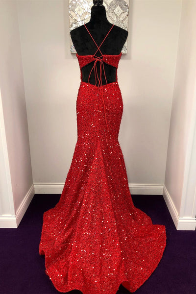 Shiny Sequins Backless Mermaid Red Long Prom Dresses, Mermaid Red Formal Dresses, Backless Red Evening Dresses EP1872