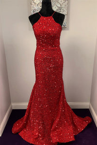 Shiny Sequins Backless Mermaid Red Long Prom Dresses, Mermaid Red Formal Dresses, Backless Red Evening Dresses EP1872