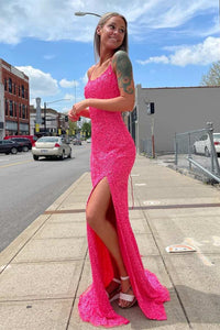 Shiny Sequins Mermaid Backless Hot Pink Long Prom Dresses, Mermaid Hot Pink Sequins Formal Evening Dresses EP1494