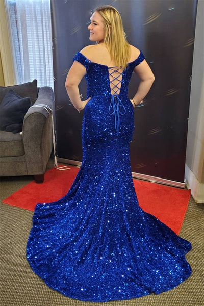 Shiny Sequins Off Shoulder Mermaid Blue Long Prom Dresses, Mermaid Blue Sequins Formal Dresses, Blue Evening Dresses EP1789
