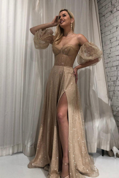 Shiny Sequins Tulle Sweetheart Neck Champagne Long Prom Dresses, High Slit Champagne Formal Evening Dresses EP1676