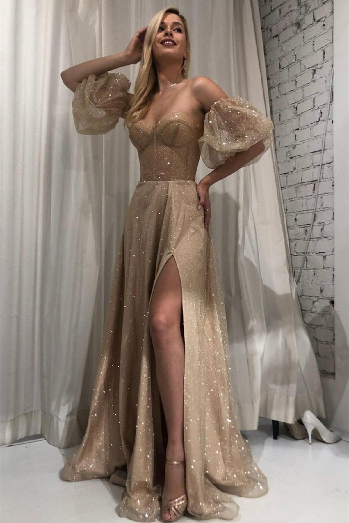 Honey Couture LUZ Champagne Gold Lace Up Sequin Formal Gown Dress