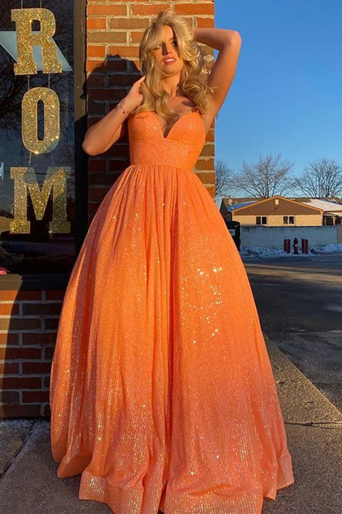 Shiny Sequins V Neck Backless Orange Long Prom Dresses, Orange Sequins Eip Collection Shiny Sequins V Neck Backless Orange Long Prom Dresses, Orange Sequins Eip Collection
