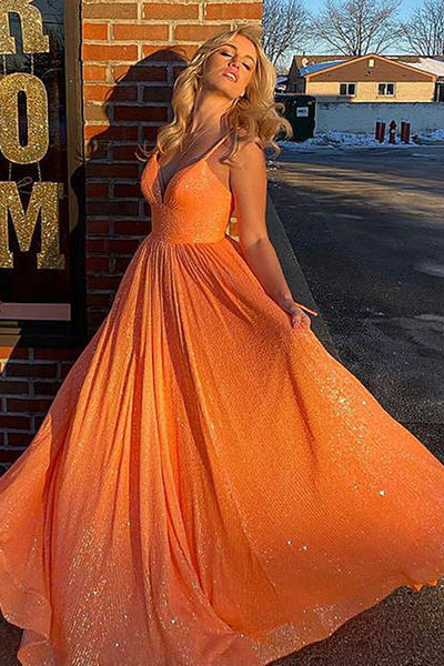 Shiny Sequins V Neck Backless Orange Long Prom Dresses, Orange Sequins Formal Evening Dresses EP1704