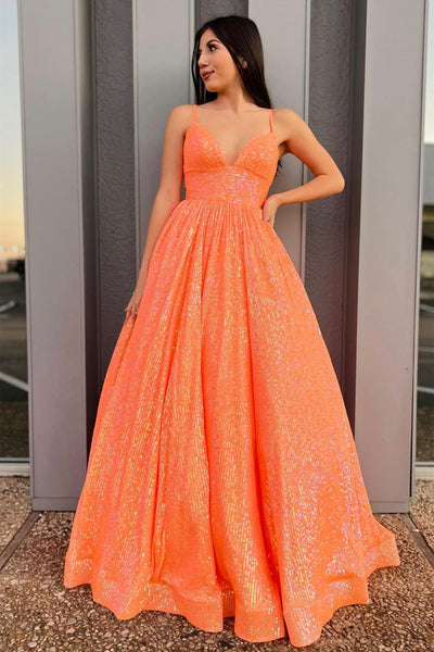 Shiny Sequins V Neck Backless Orange Long Prom Dresses, Orange Sequins Formal Evening Dresses EP1704
