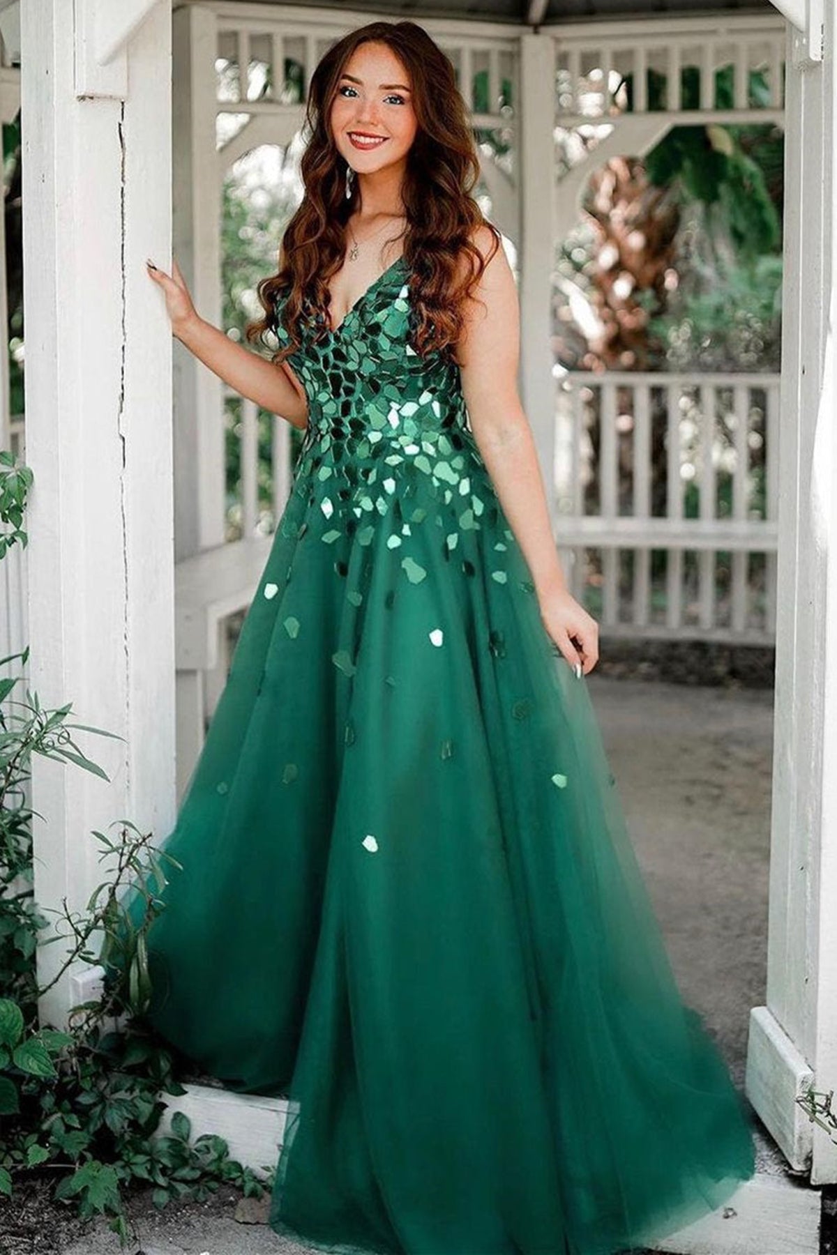 Shiny Sequins V Neck Green Tulle Long Prom Dresses, Green Sequins Form Eip Collection Shiny Sequins V Neck Green Tulle Long Prom Dresses, Green Sequins Form Eip Collection