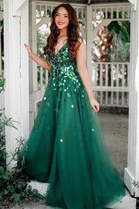 Shiny Sequins V Neck Green Tulle Long Prom Dresses, Green Sequins Formal Graduation Evening Dresses EP1799