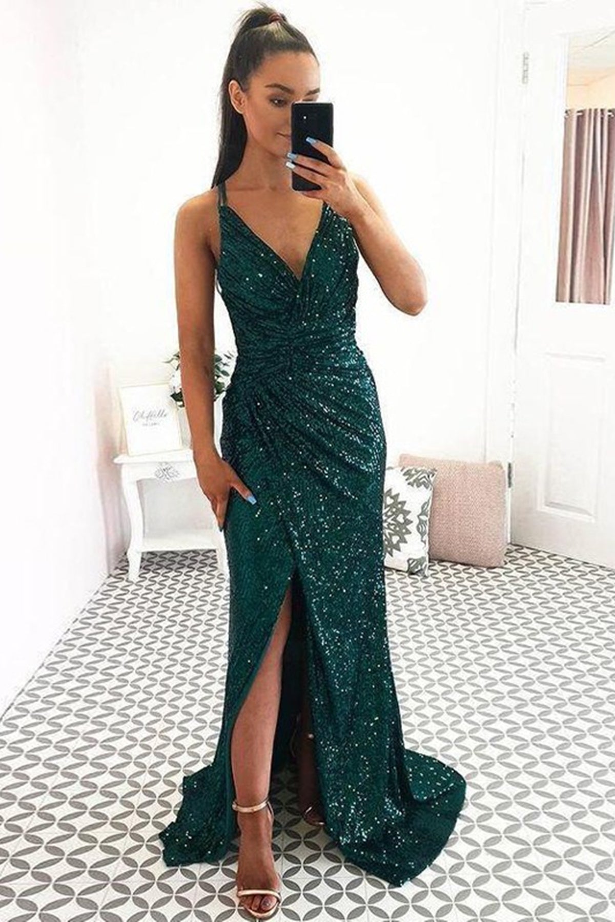 Shiny Sequins V Neck Mermaid Emerald Green Long Prom Dresses with Leg Eip Collection Shiny Sequins V Neck Mermaid Emerald Green Long Prom Dresses with Leg Eip Collection