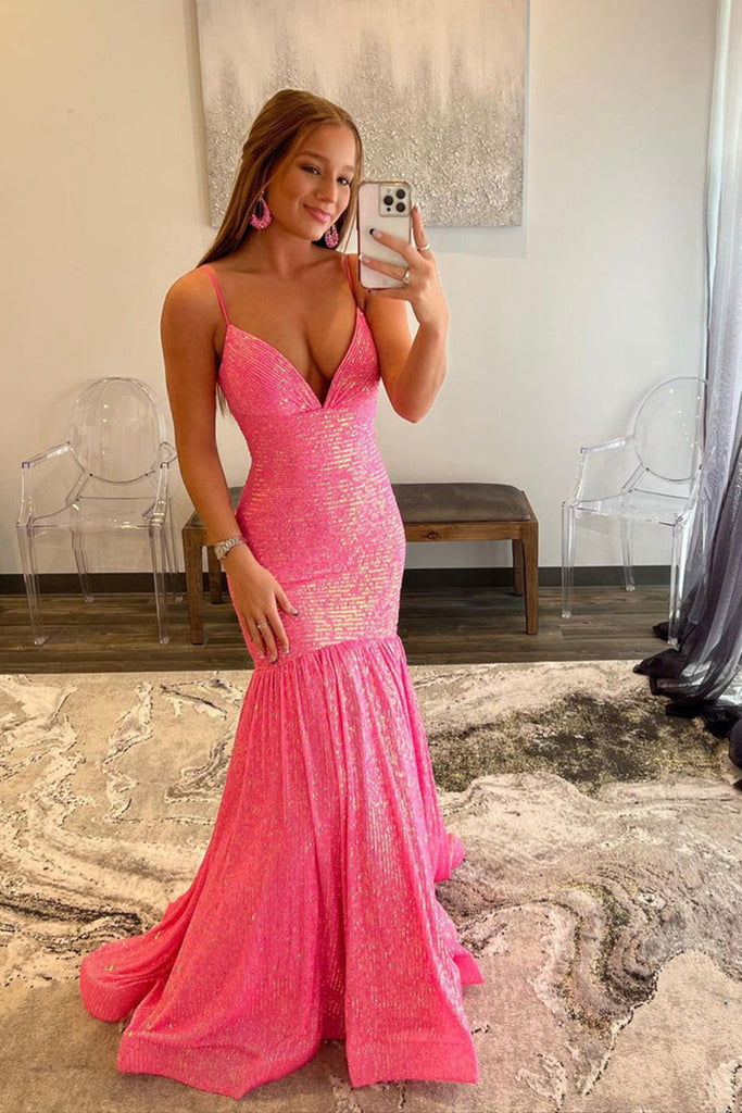 Shiny Sequins V Neck Mermaid Hot Pink/Orange/Yellow Long Prom Dresses, Eip Collection Shiny Sequins V Neck Mermaid Hot Pink/Orange/Yellow Long Prom Dresses, Eip Collection