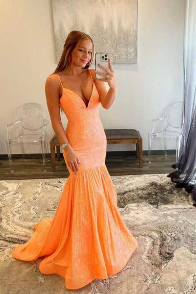 Shiny Sequins V Neck Mermaid Hot Pink/Orange/Yellow Long Prom Dresses, Mermaid Formal Graduation Evening Dresses EP1707