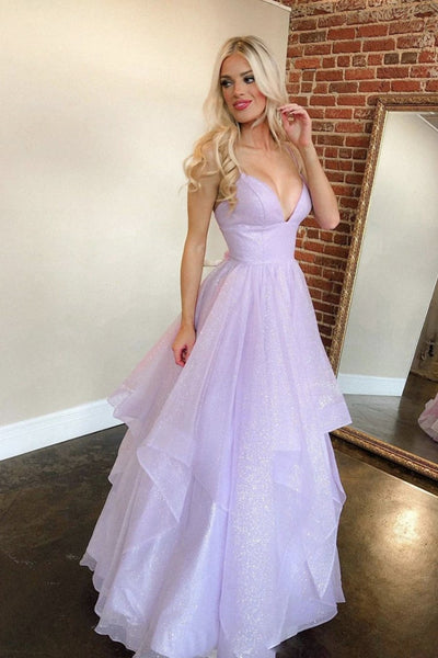 Shiny Sequins V Neck Purple Long Prom Dress Fluffy Purple Formal Evening Dress Sparkly Purple Ball Gown