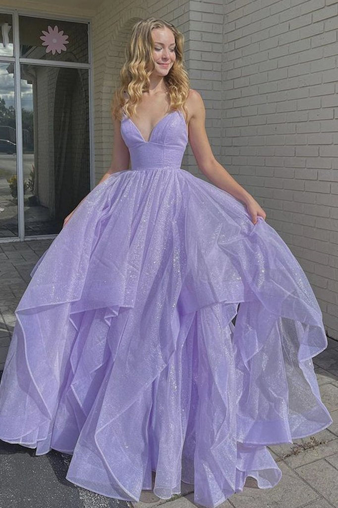 Shiny Sequins V Neck Purple Long Prom Dress Fluffy Purple Formal Eveni – Eip Collection