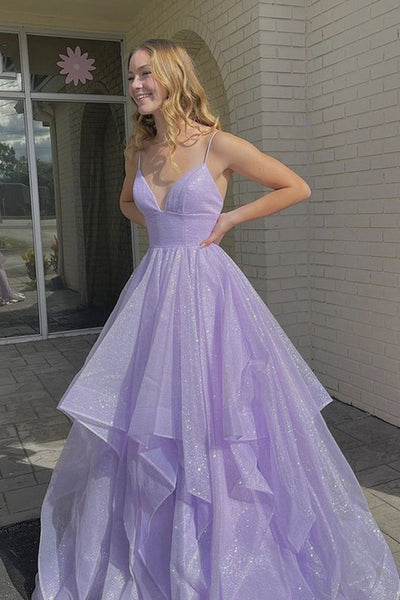 Shiny Sequins V Neck Purple Long Prom Dress Fluffy Purple Formal Evening Dress Sparkly Purple Ball Gown