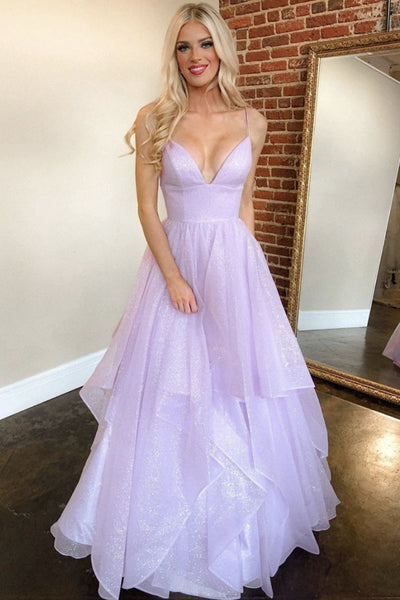 Shiny Sequins V Neck Purple Long Prom Dress Fluffy Purple Formal Evening Dress Sparkly Purple Ball Gown