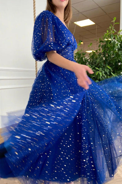 Shiny Stars Half Sleeves V Neck Tea Length Blue/Black Prom Homecoming Dresses, Half Sleeves Blue/Black Formal Graduation Evening Dresses EP1885