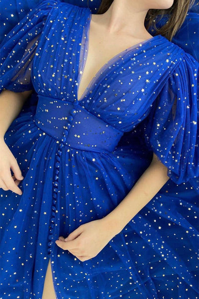 Shiny Stars Half Sleeves V Neck Tea Length Blue/Black Prom Homecoming Dresses, Half Sleeves Blue/Black Formal Graduation Evening Dresses EP1885