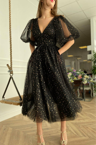 Shiny Stars Half Sleeves V Neck Tea Length Blue/Black Prom Homecoming Dresses, Half Sleeves Blue/Black Formal Graduation Evening Dresses EP1885