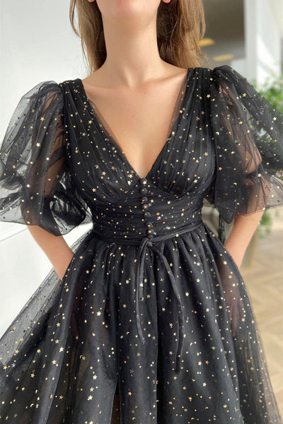Shiny Stars Half Sleeves V Neck Tea Length Blue/Black Prom Homecoming Dresses, Half Sleeves Blue/Black Formal Graduation Evening Dresses EP1885