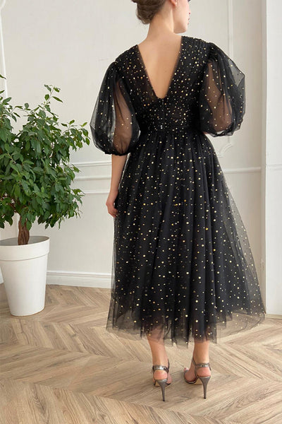 Shiny Stars Half Sleeves V Neck Tea Length Blue/Black Prom Homecoming Dresses, Half Sleeves Blue/Black Formal Graduation Evening Dresses EP1885